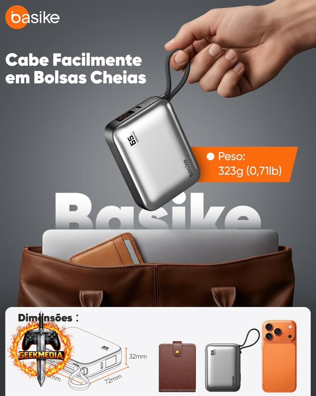 Power Bank Basike 20.000mAh 65W com Cabo USB-C