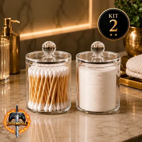 Kit 2 Porta Cotonetes E Algodão Acrílico Compacto Redondo