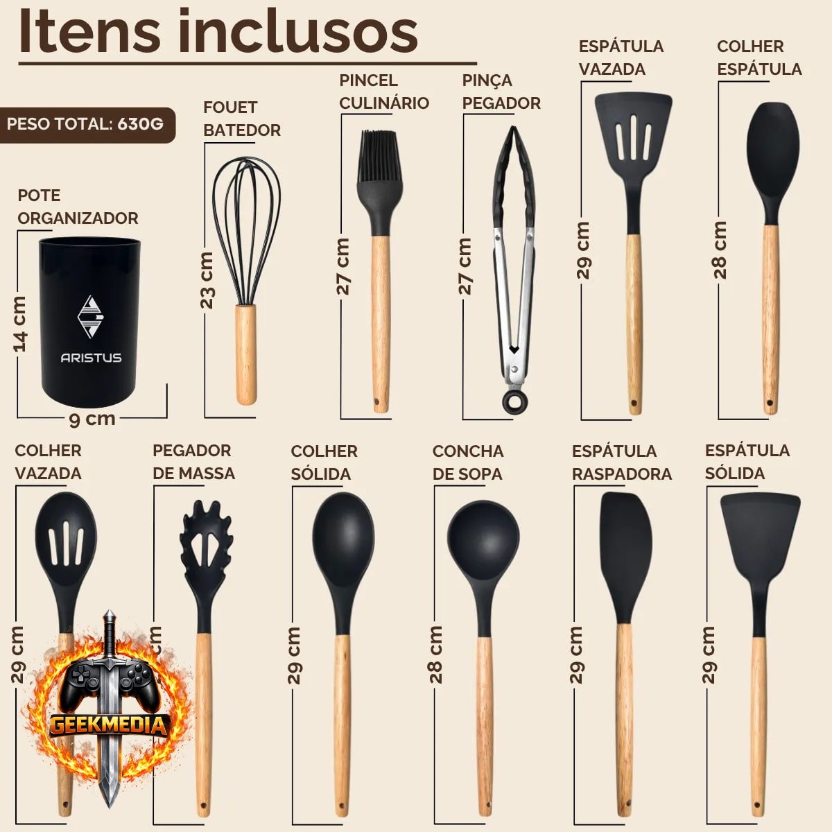 Kit C/12 Utensílios De Cozinha Silicone Cabo Madeira