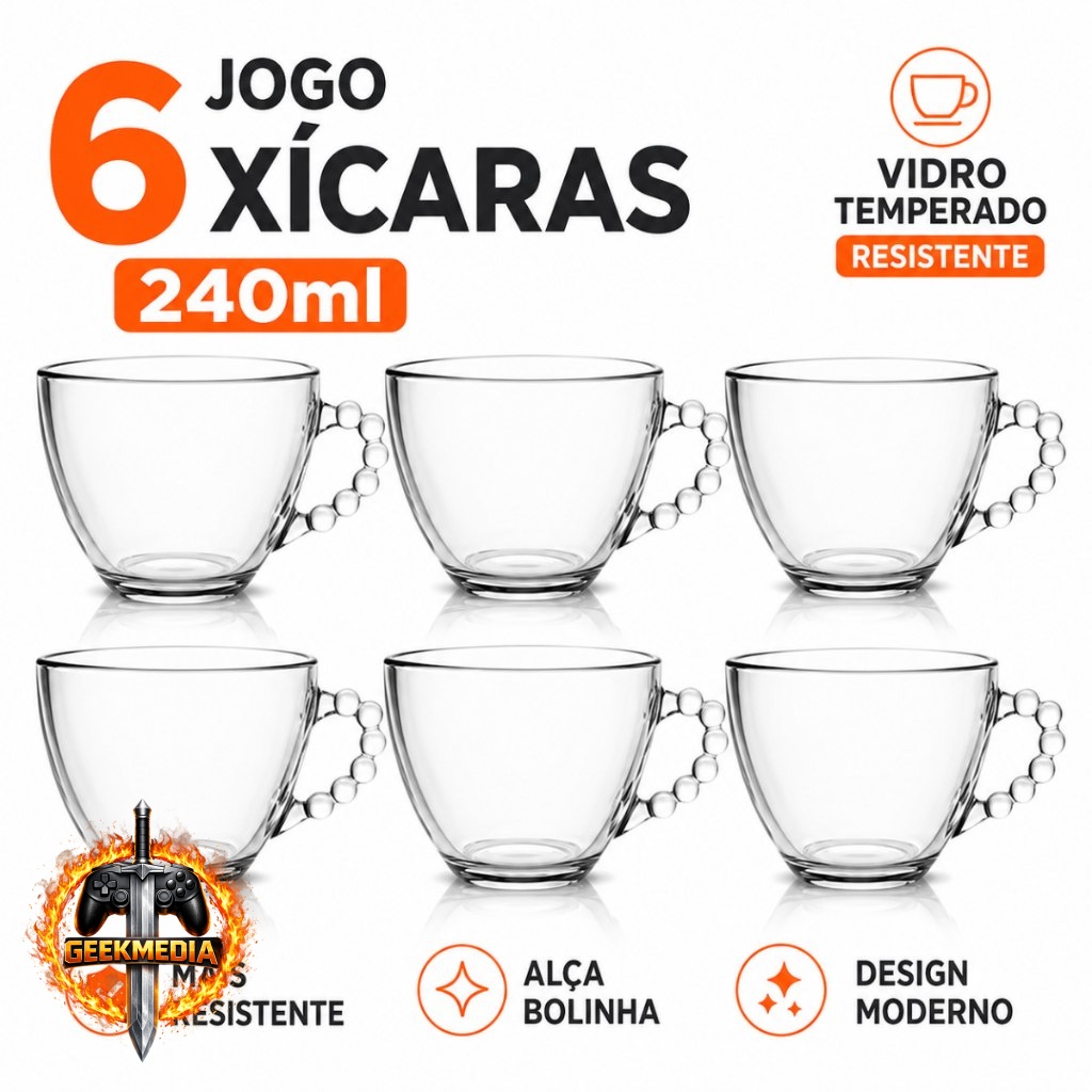 Jogo 6 Xícaras Vidro Temperado Alça Bubble 240ml