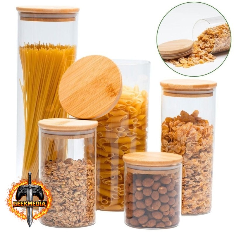 Kit 5x Vidro Hermético Transparente Tampa Bambu Porta Alimentos