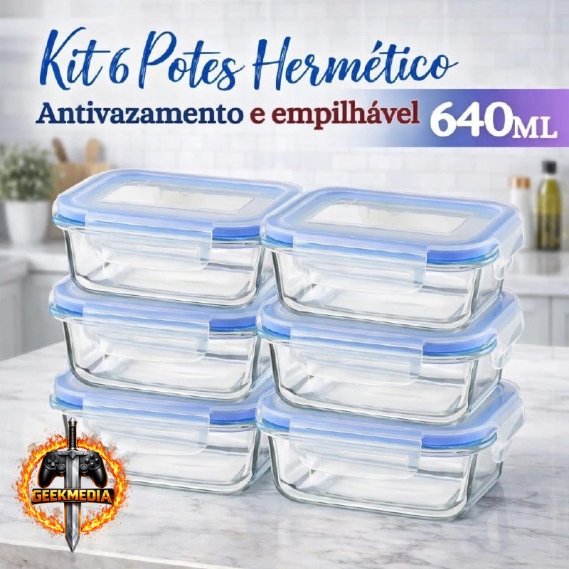 Kit 6 Potes Herméticos Vidro 640ml Retangular