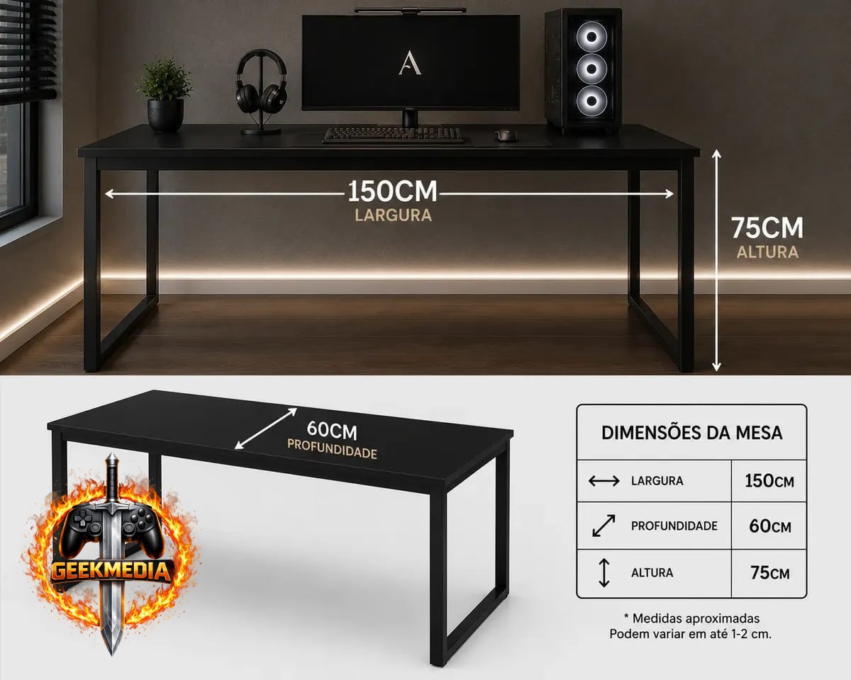 Mesa Gamer 150cm Industrial com Estrutura de Aço