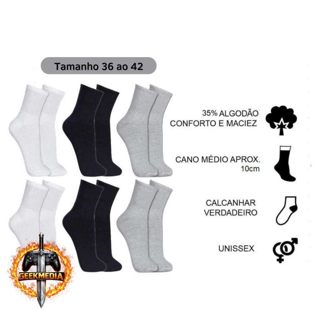 6 Pares Meias Cano Alto Algodão Unissex