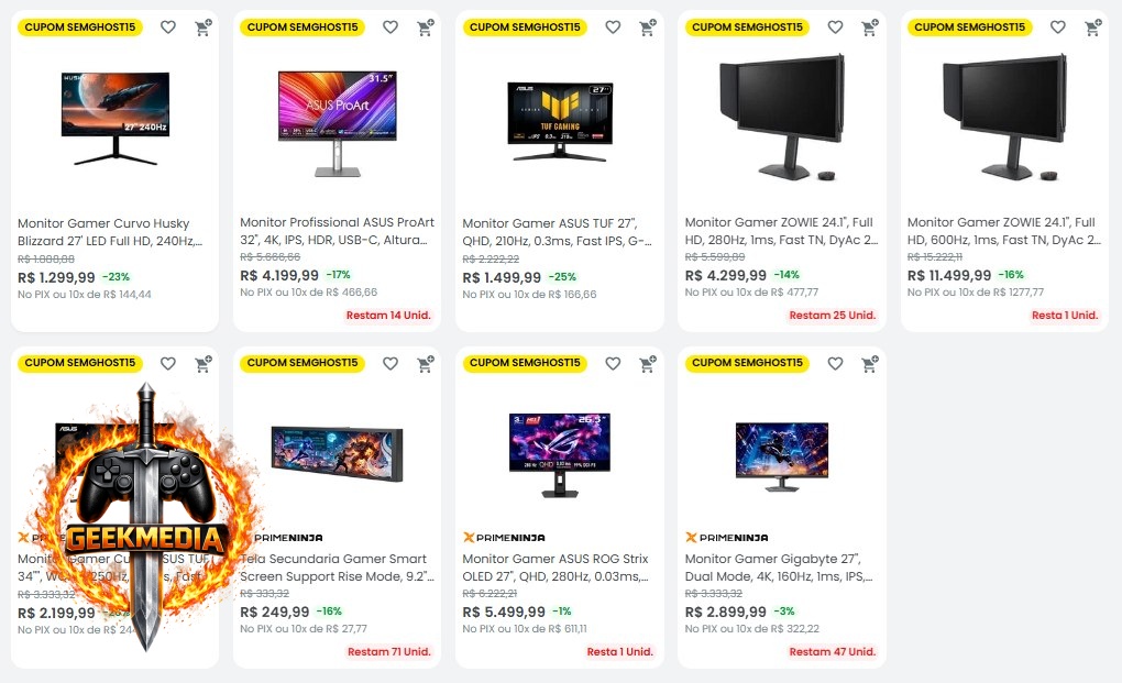 Monitores Selecionados com 15% OFF na Kabum