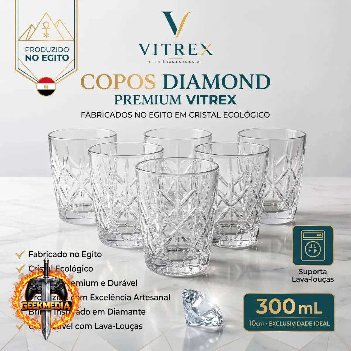 Jogo com 6 Copos Diamond Vidro 300ml