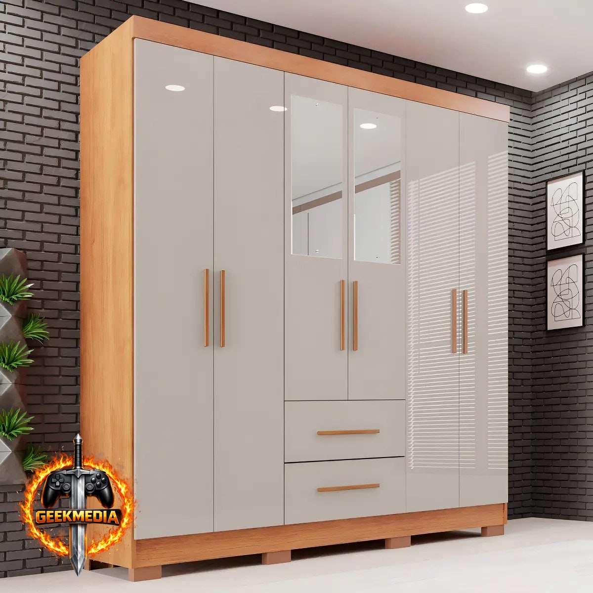 Guarda-roupa Casal com Espelho 6 Portas 2 Gavetas