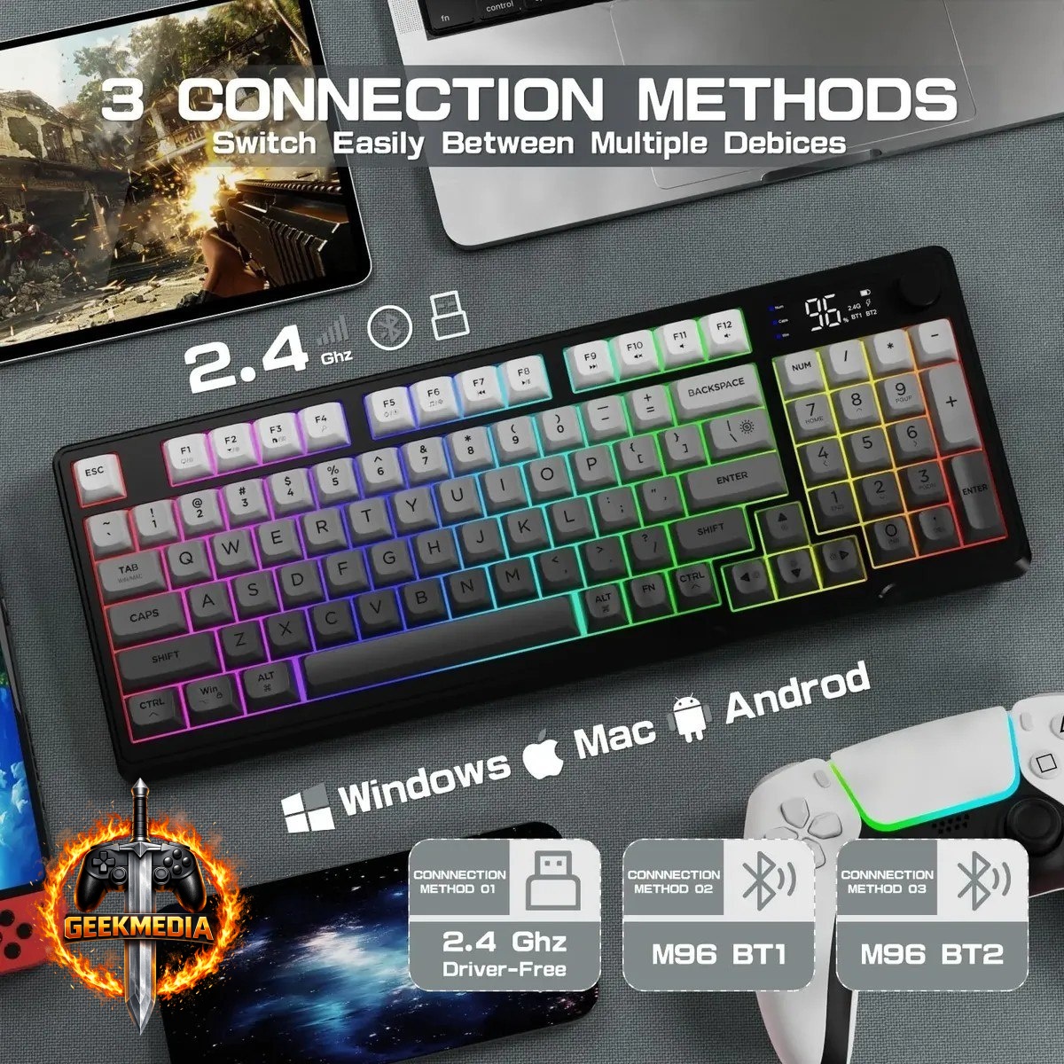 Teclado de Membrana Sem Fio Freewolf M96 Trimode