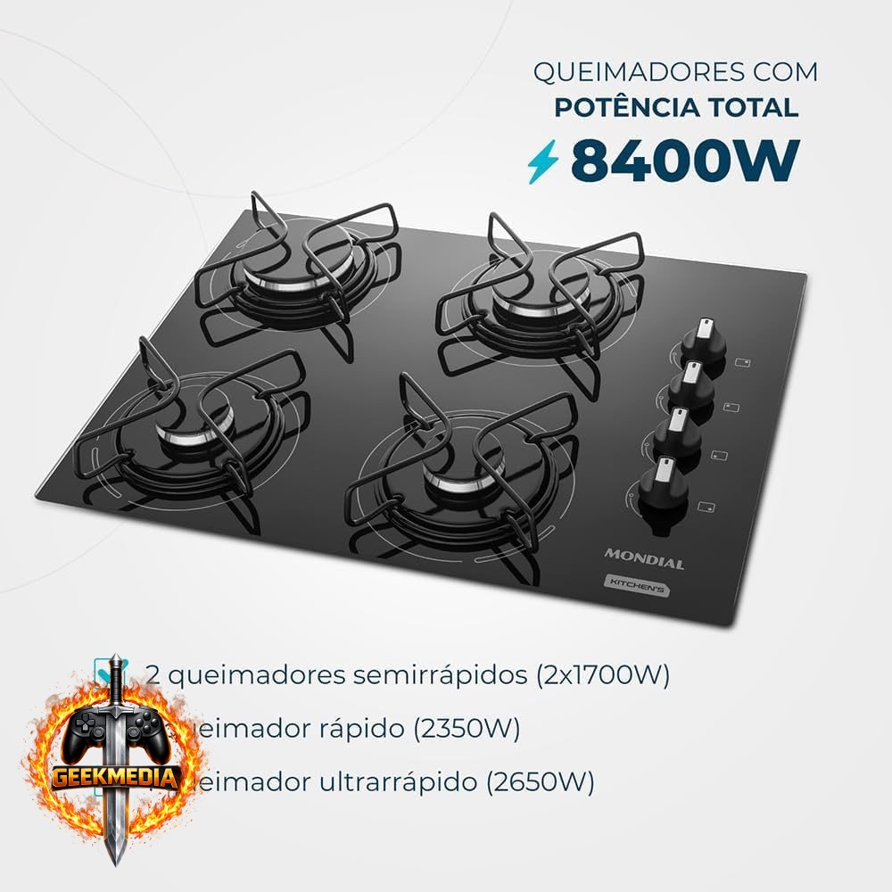 Cooktop a Gás Mondial 4 Bocas - Preto/Inox Bivolt