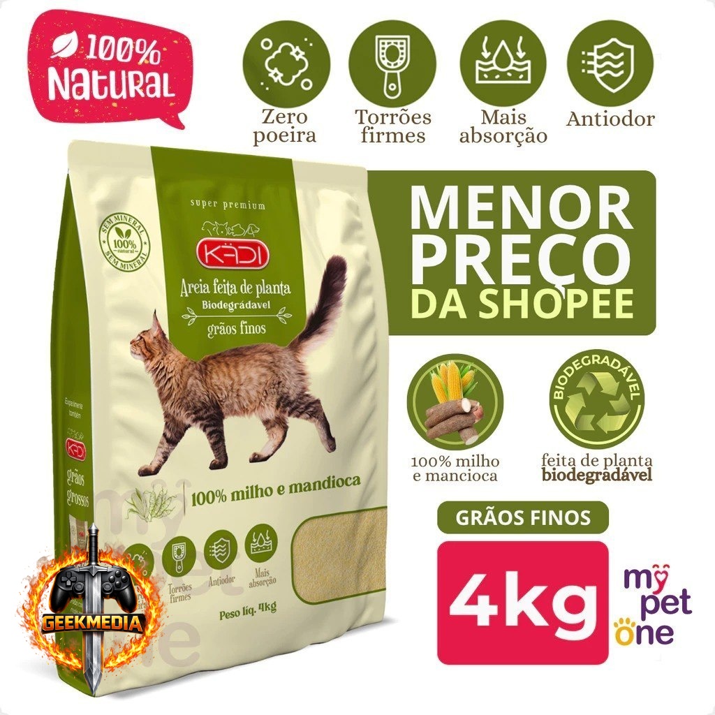 Areia Biodegradável Kadi Grãos Finos para Gatos 4Kg