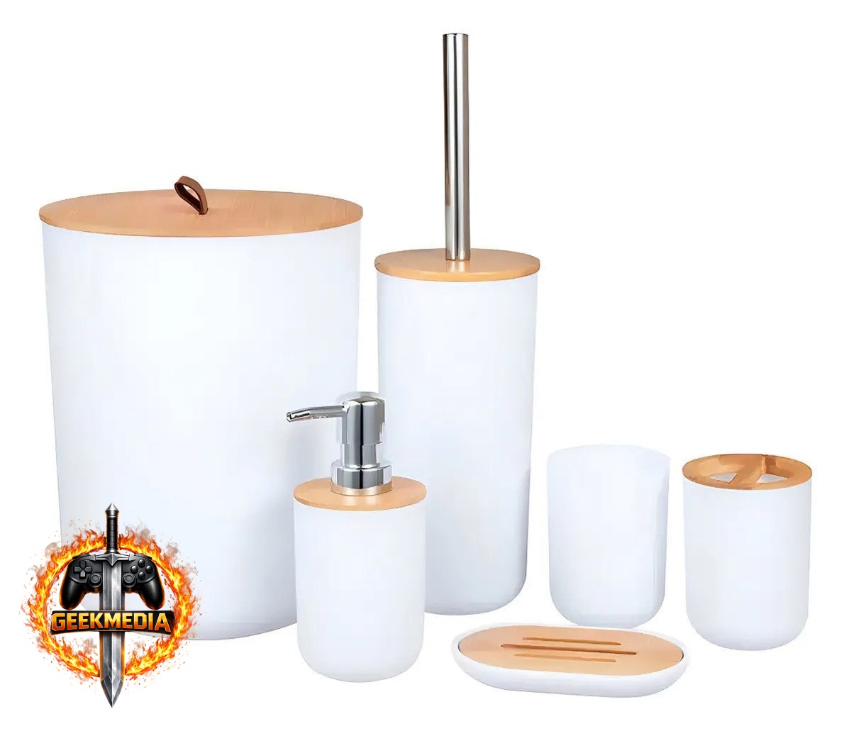 Kit Conjunto Banheiro 6 Peças Lixeira Bambu Plástico Organizador