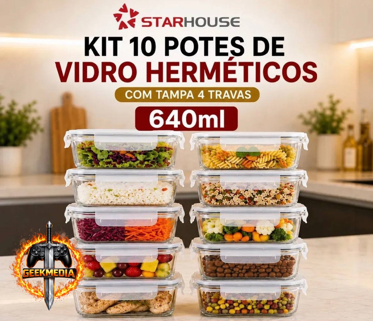 Kit 10 Potes Herméticos de Vidro 640ml