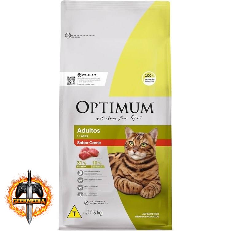 Ração Optimum para Gatos Adultos Sabor Carne 3kg