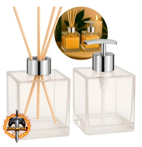 Kit Vidros Cubo 250ml (Saboneteira Cromada  Difusor)