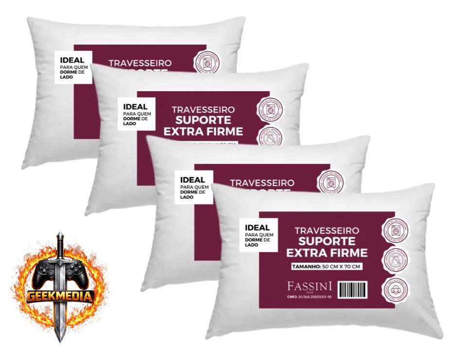 Kit 4 Travesseiros 100% Algodão Fibra Siliconada Extra Firme