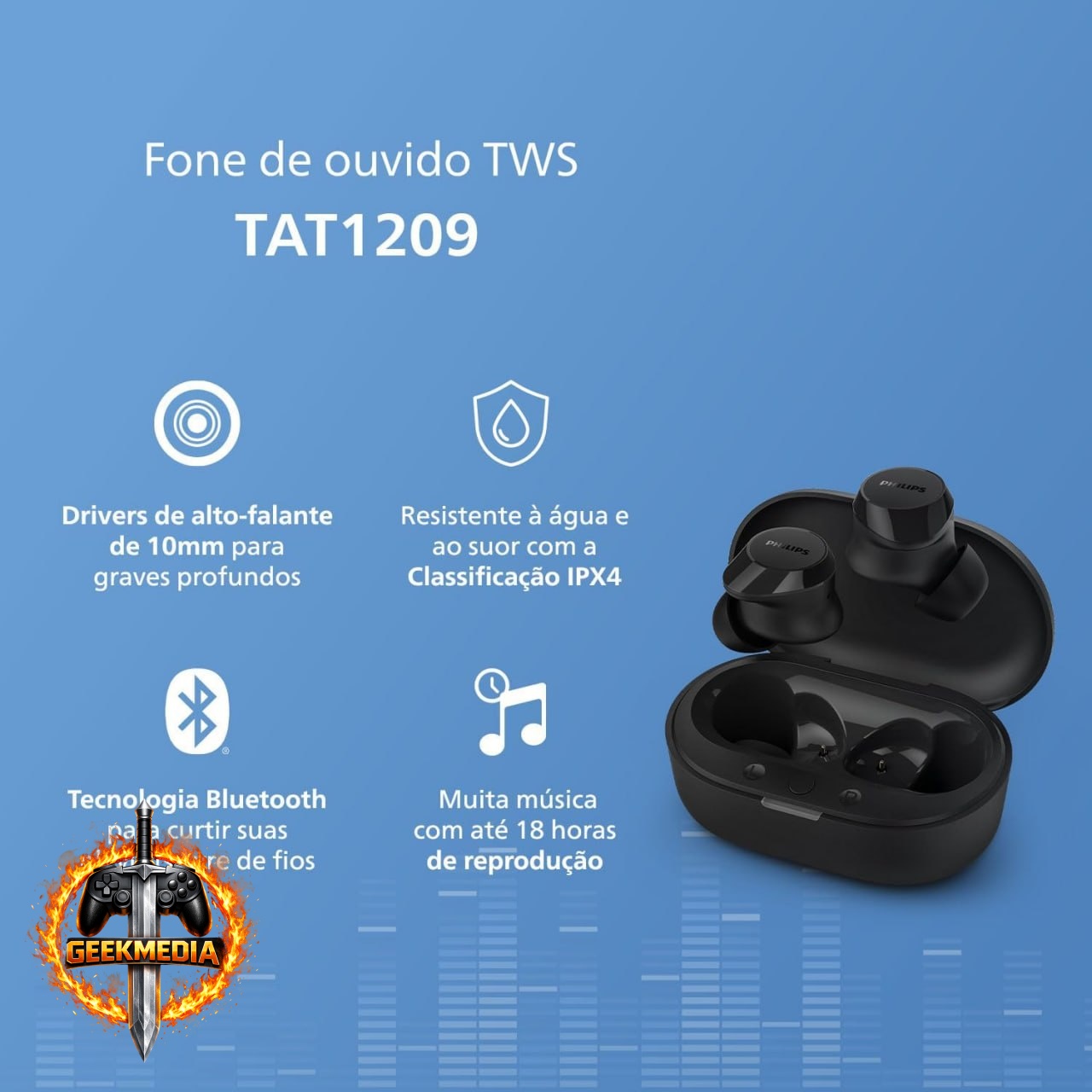 Fone TWS Philips TAT1209BK Bluetooth Microfone IPX4 - Preto