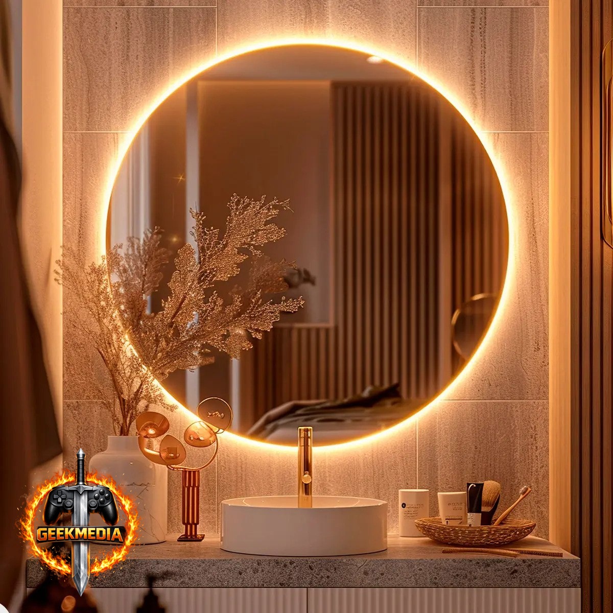 Espelho Redondo 50cm com LED Quente para Parede