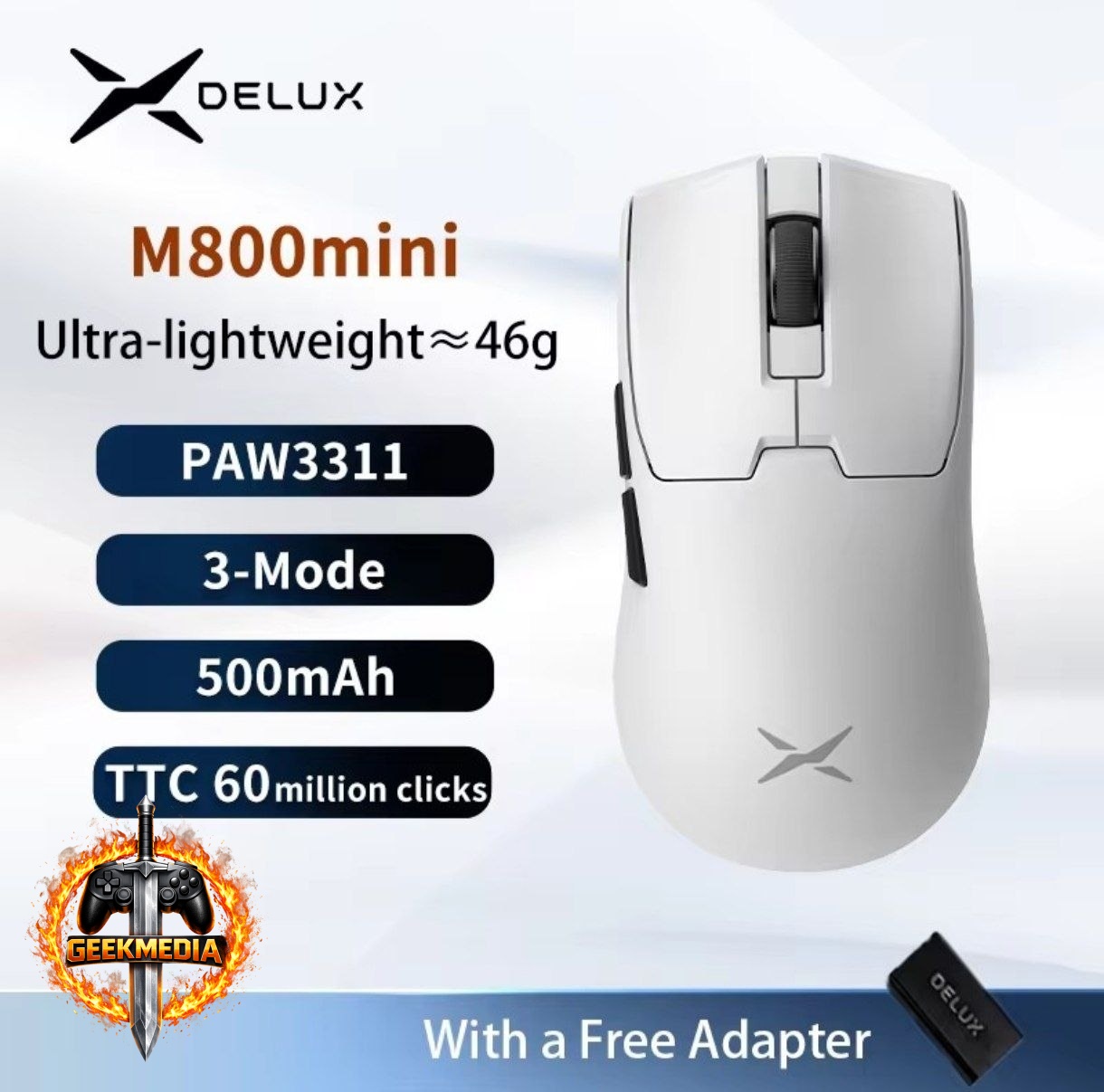 Mouse Gamer Delux M800mini Sem Fio PAW3311 Branco