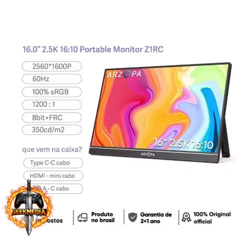 Monitor Portátil ARZOPA Z1 16" Quad HD IPS