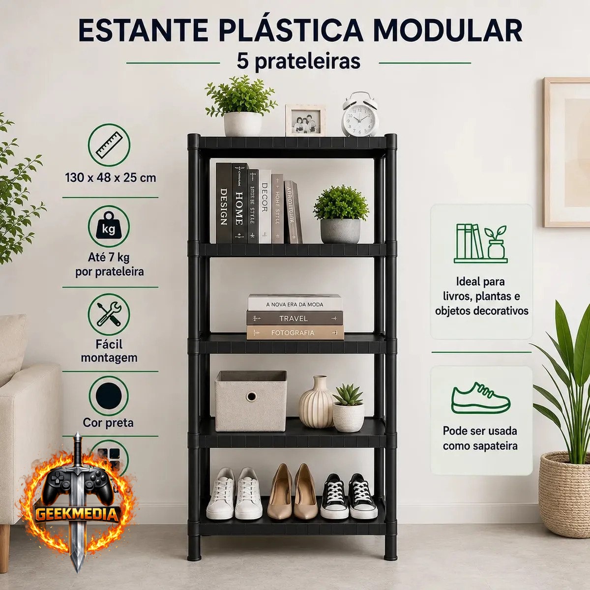 Estante Plástica Modular 5 Prateleiras Multiuso Organizadora Preta