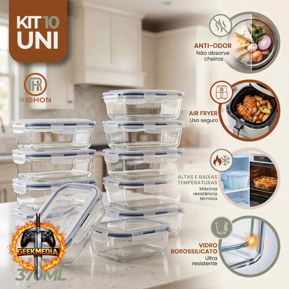 Kit 10 Potes de Vidro Herméticos Rishon 370ml