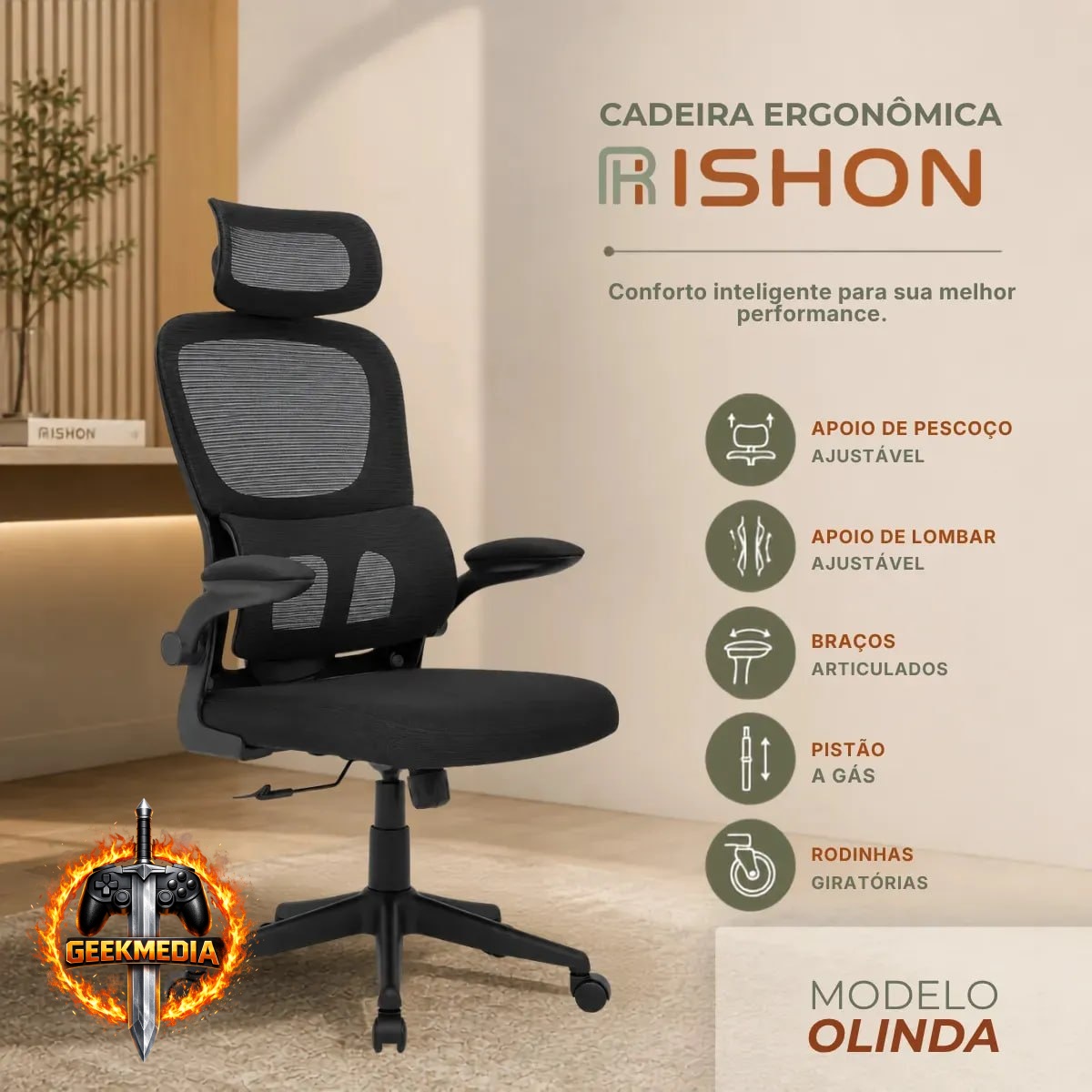 Cadeira Gamer Ergonômica Reclinável Rishon Olinda RSH500 Mesh Preto