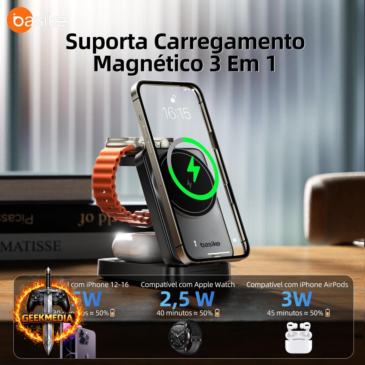 Carregador Sem Fio Basike 3 em 1 MagSafe