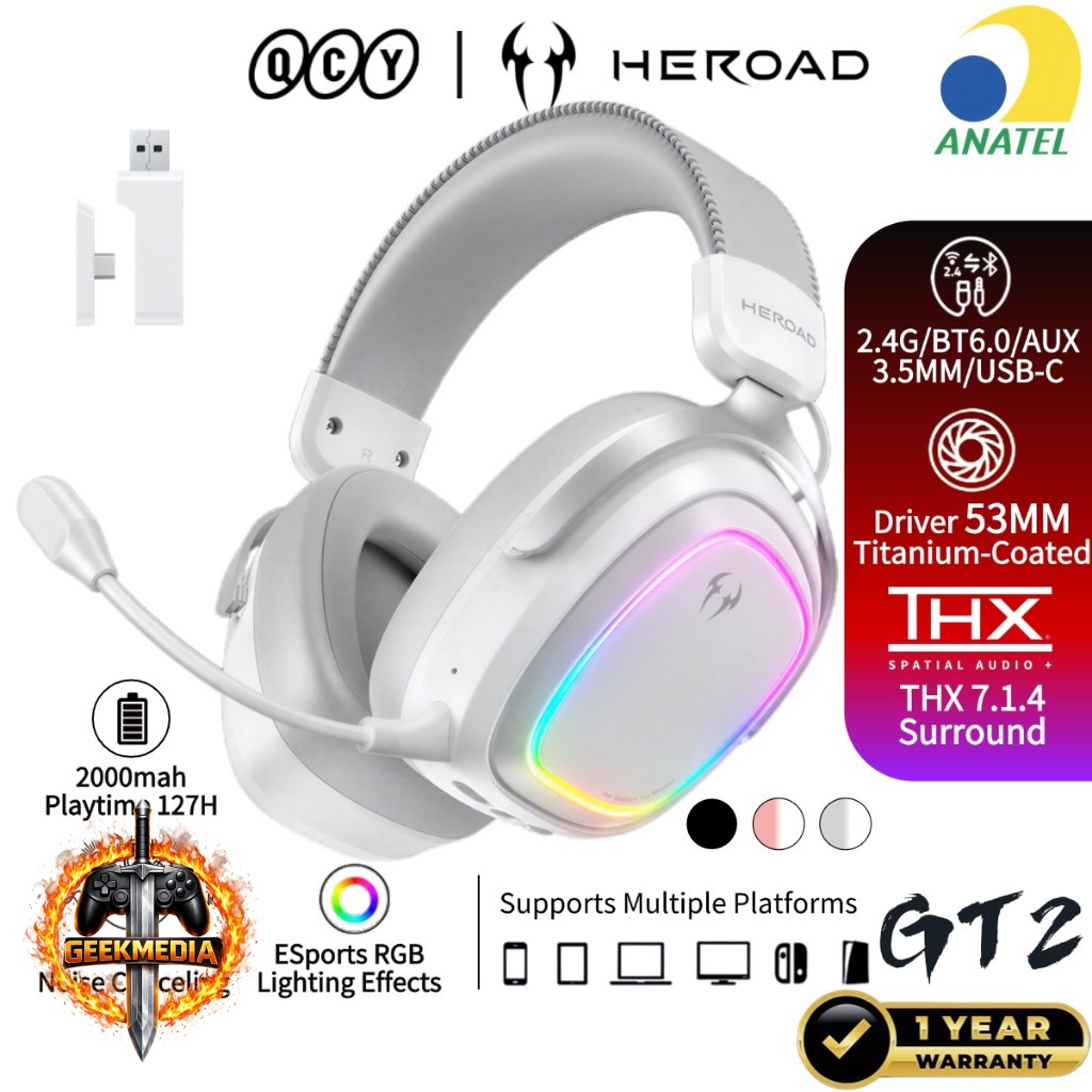 Headset Gamer Sem Fio QCY HEROAD GT2 RGB