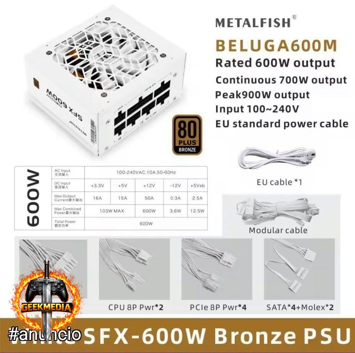 Fonte SFX Metalfish 600W Modular 80 Plus Bronze