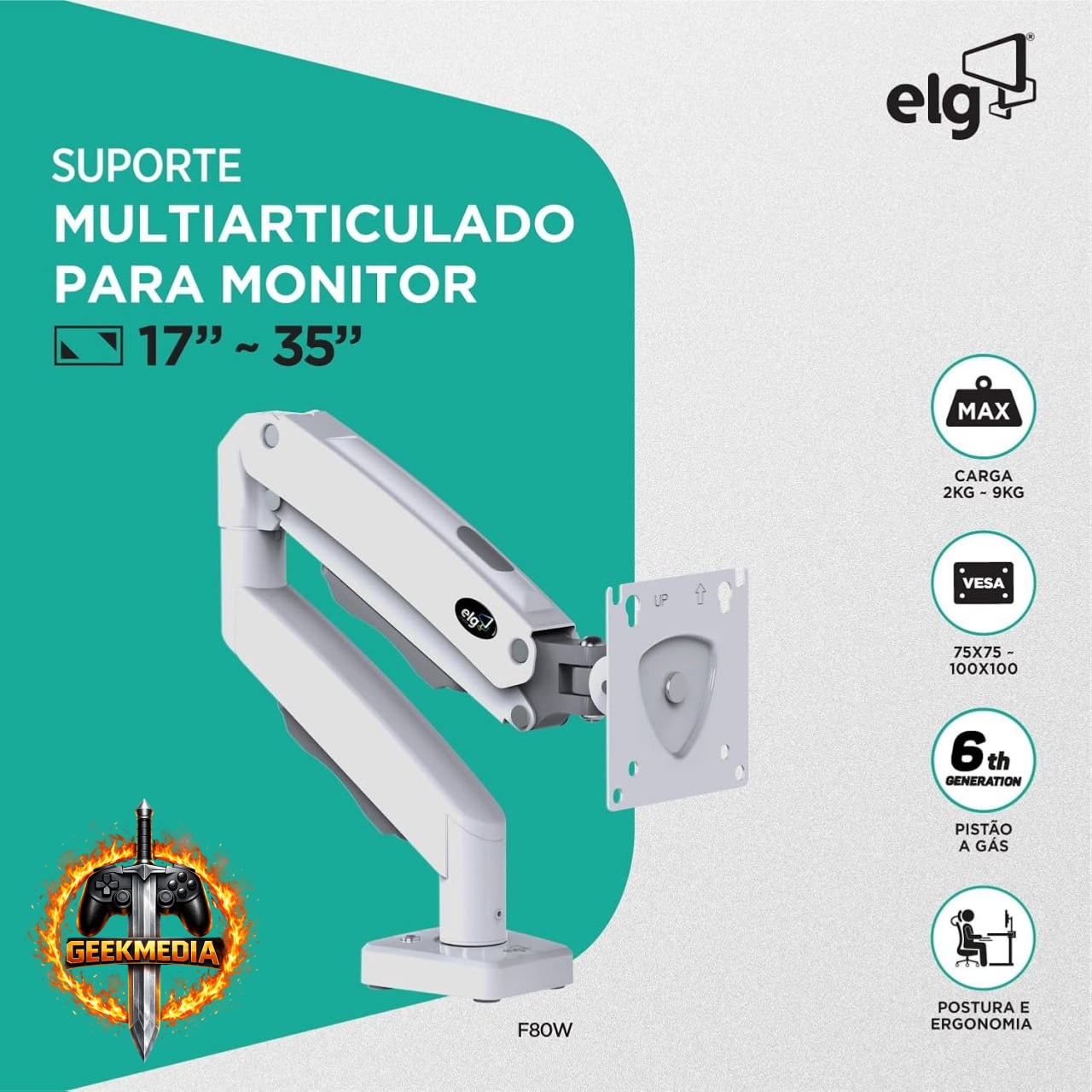 Suporte Articulado ELG F80W para Monitor 17" a 35"