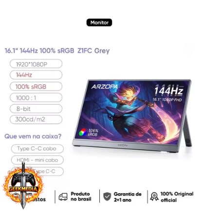 Monitor Gamer Portátil ARZOPA 16.1 polegadas 144Hz