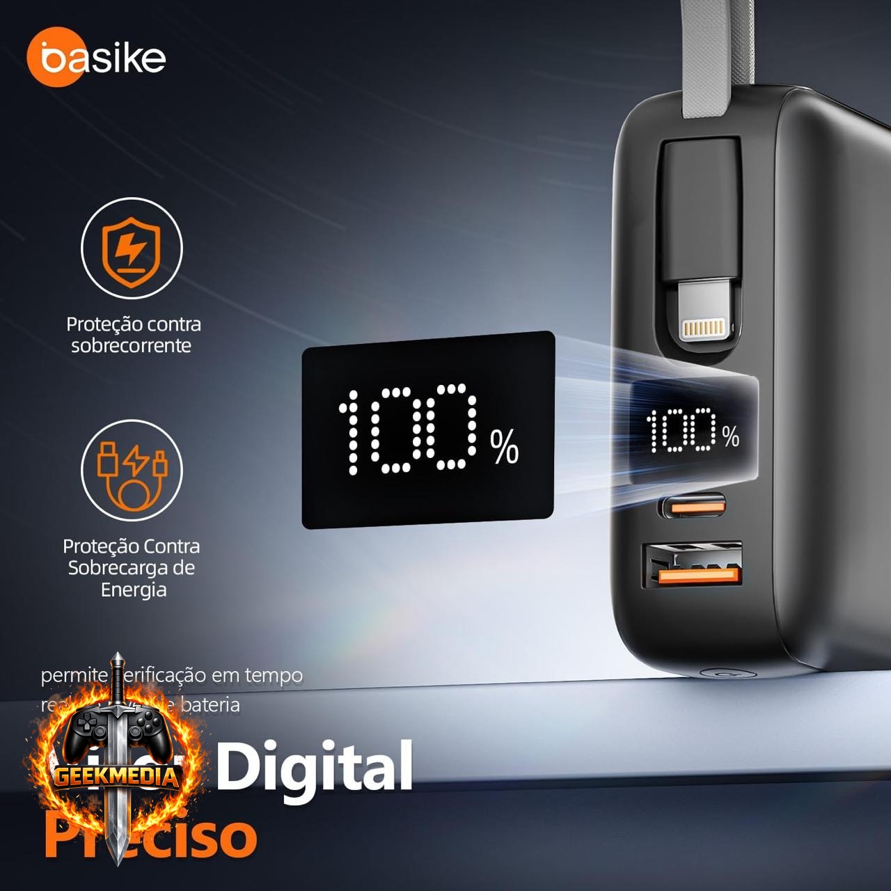 Power Bank Basike 20.000mAh 22,5W com Cabos Integrados