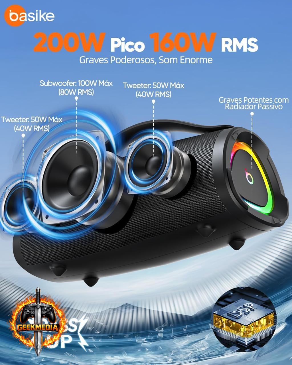 Caixa de Som Bluetooth Basike Boombox 160W RMS