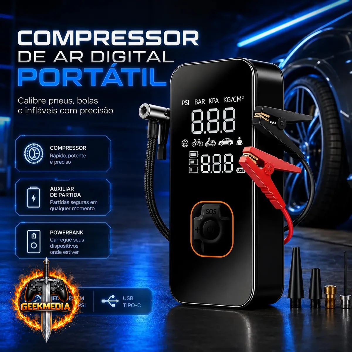 Bomba Elétrica Portátil Digital - Auxiliar de Partida e Powerbank