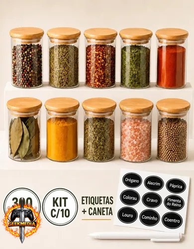 Kit com 10 Potes Porta Temperos Tampa Bambu