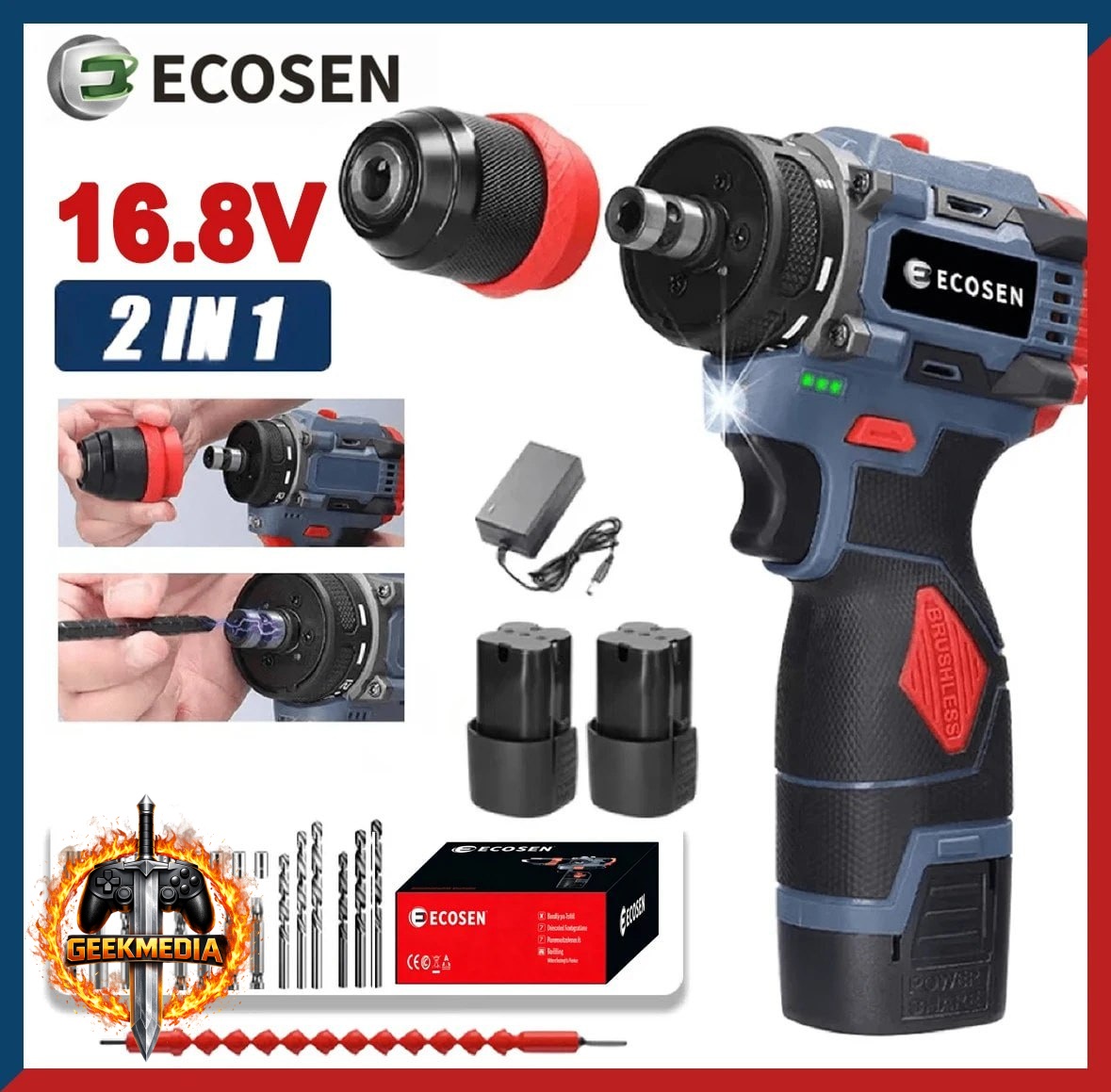 Furadeira/Parafusadeira sem escovas 21V com kit completo  2 baterias