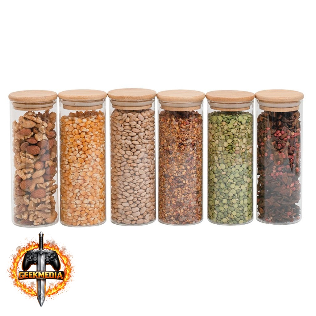 Kit 6 Potes de Vidro 450ml Tampa Bambu Oikos