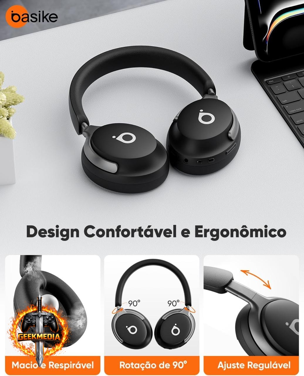 Headphone Bluetooth Basike com ANC e Som Hi-Fi