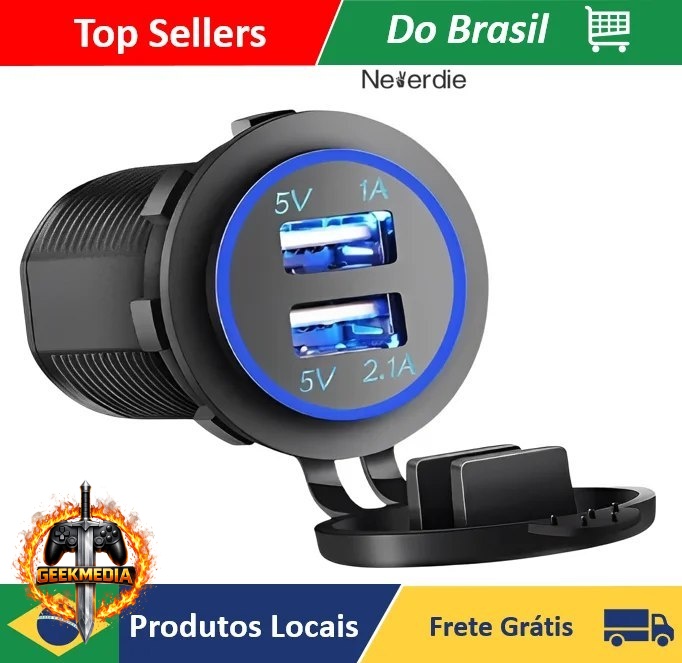 Carregador USB Veicular 2 Saídas 1.0A e 2.1A