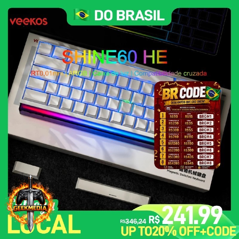 Teclado Veekos Shine60 HE 60% AGRB com Lightbox
