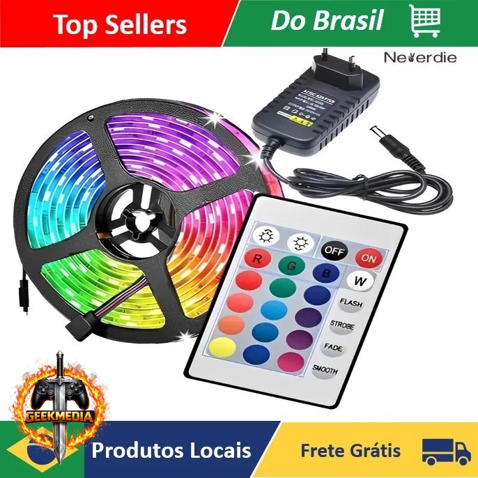 Fita LED RGB Rolo 5m com Fonte e Controle