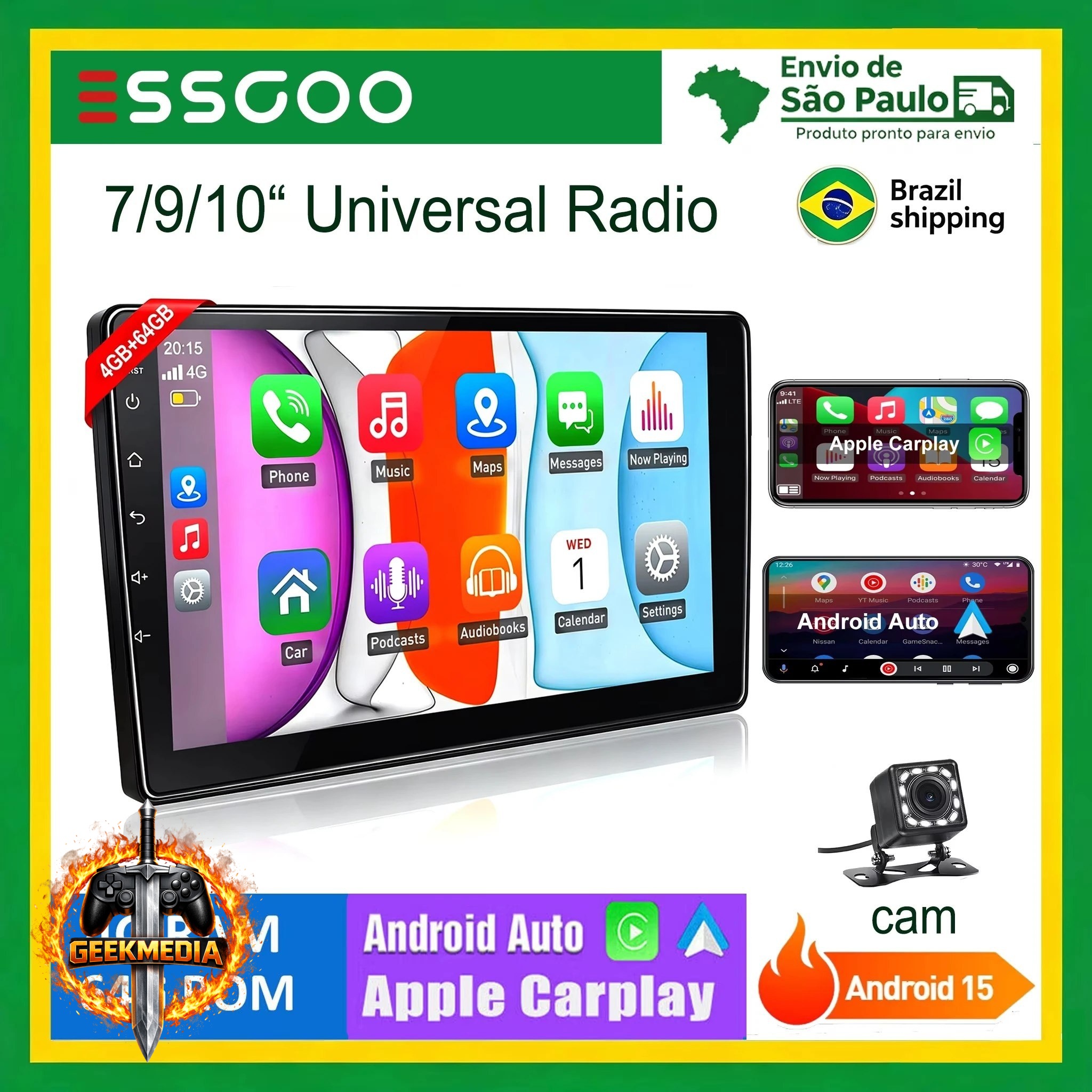 Multimídia ESSGOO Automotivo Android Carplay Auto 4G 64G