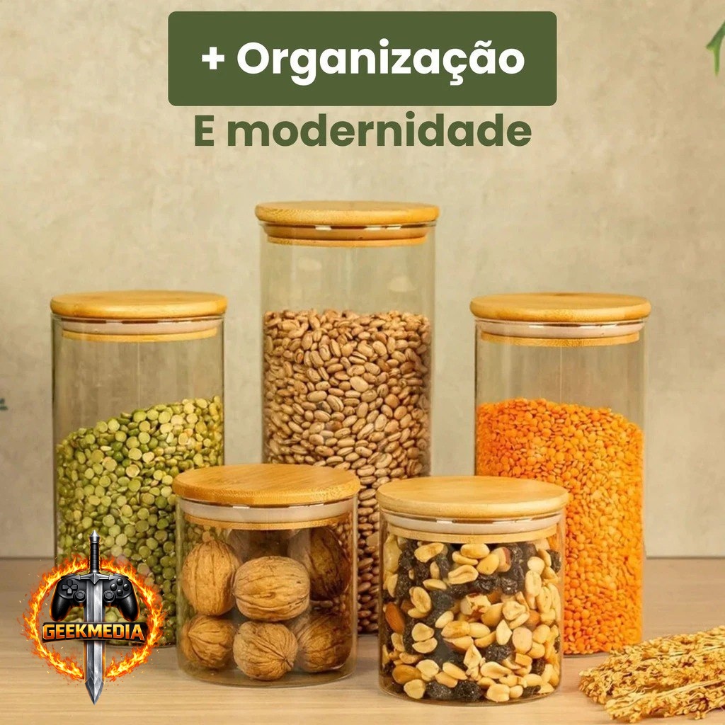 Kit 05 Vidros Herméticos com Tampa de Bambu