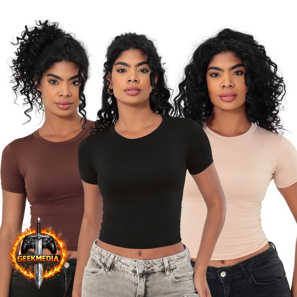 Kit 3 Baby Tee Feminina Slim Fit Manga Curta