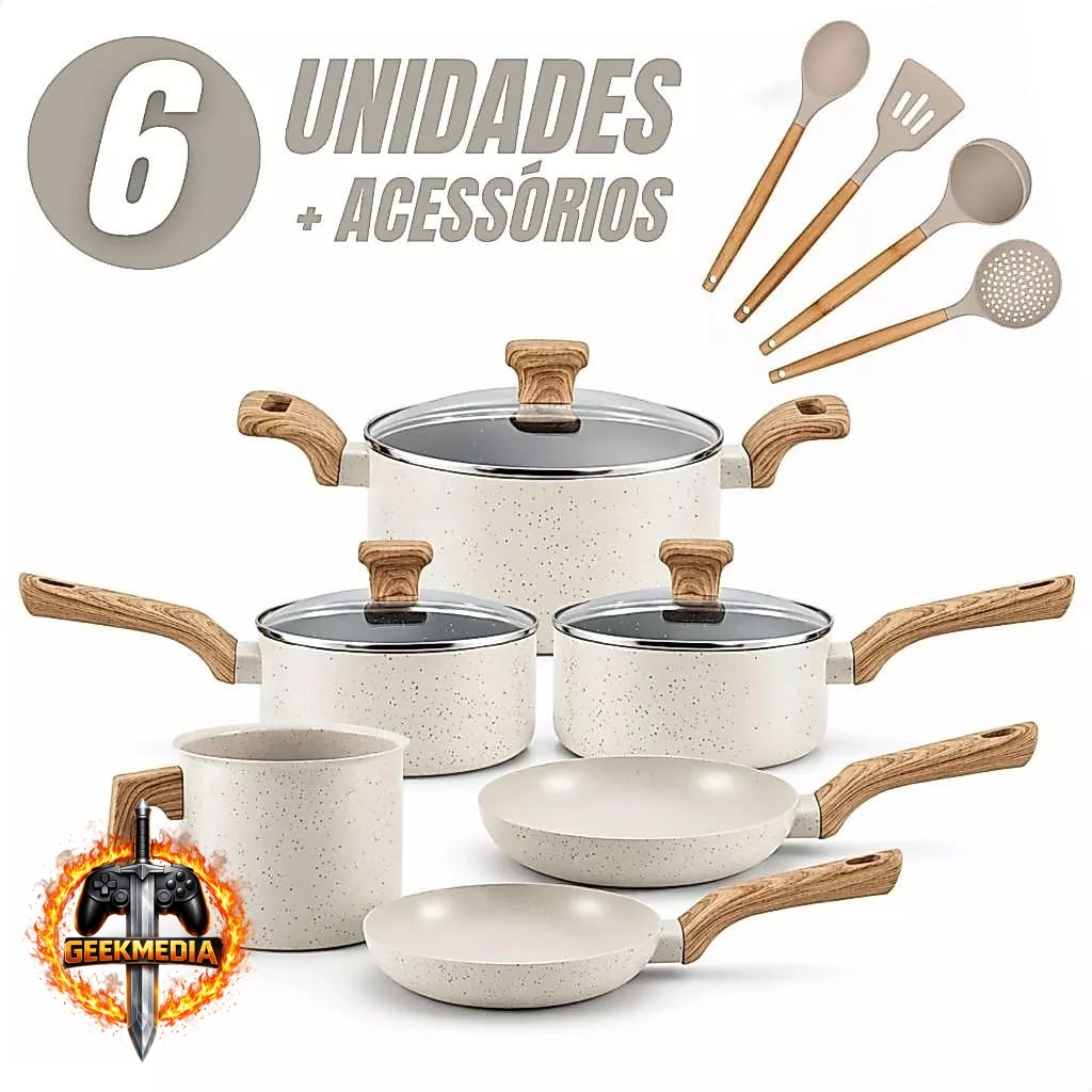 Jogo de Panelas 6 Peças Antiaderentes com Utensílios