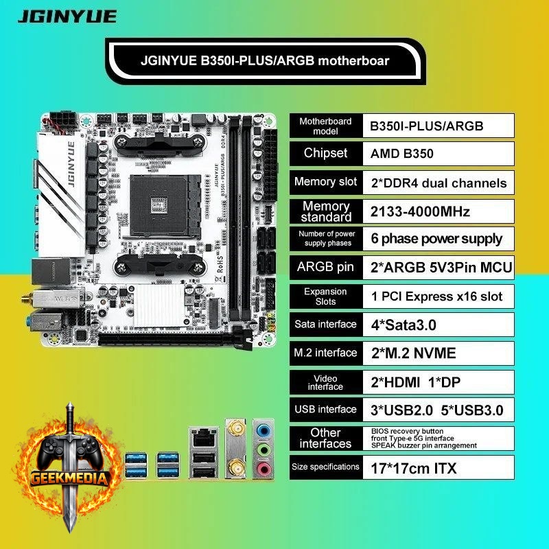 Placa mãe AM4 JGINYUE B350i ITX PLUS ARGB
