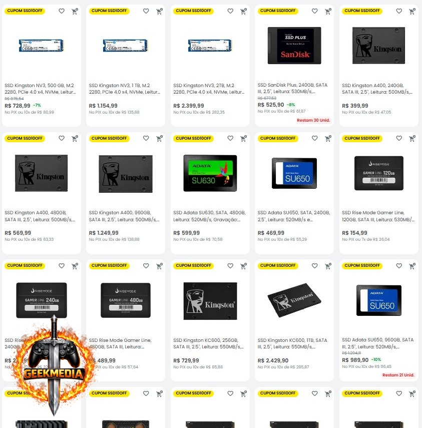 Cupom 10% OFF em SSDs Selecionados