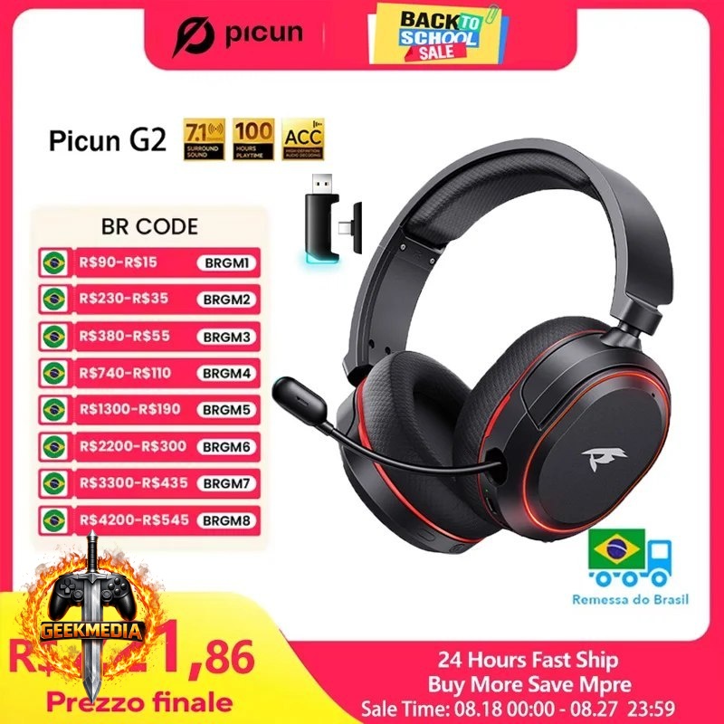 Headset Gamer Picun G2 2.4G Sem Fio Bluetooth