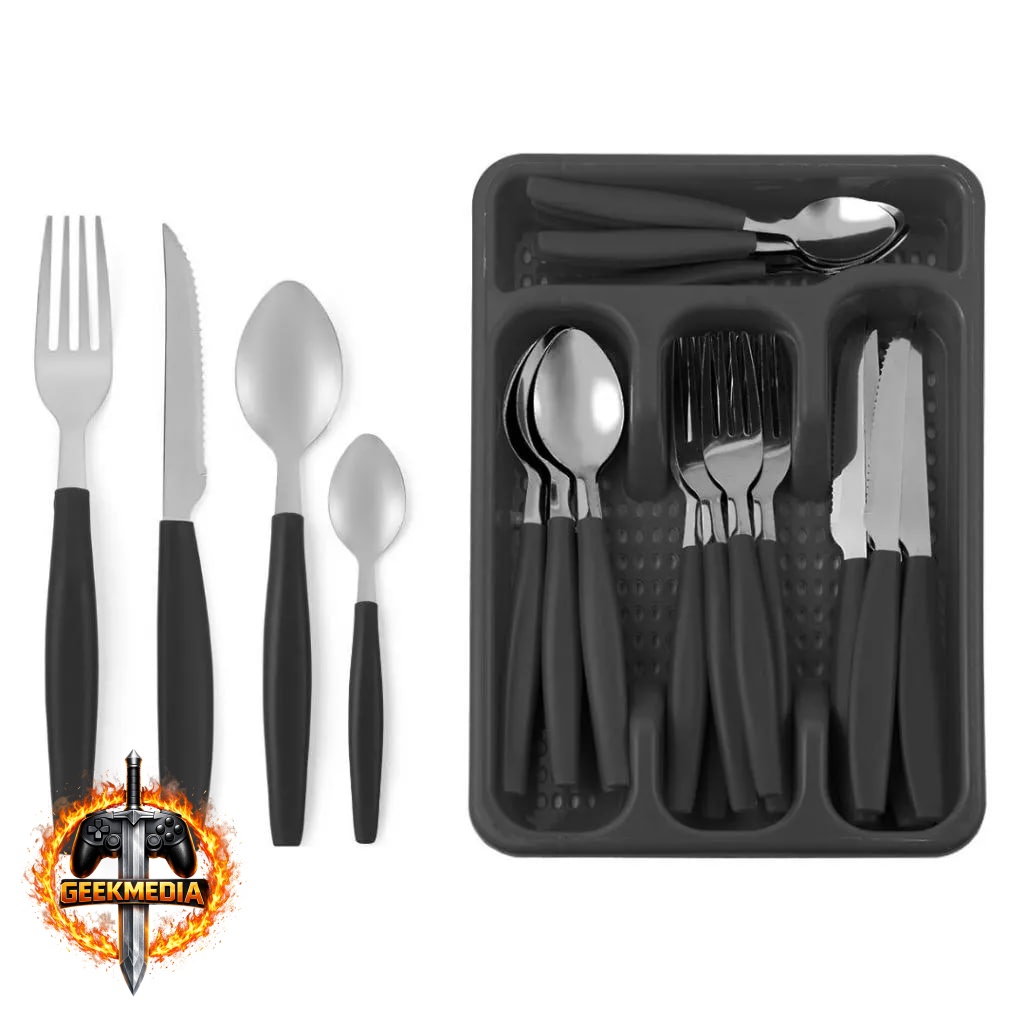 Conjunto 25 Peças Talheres Inox Cabo Plástico Cesto