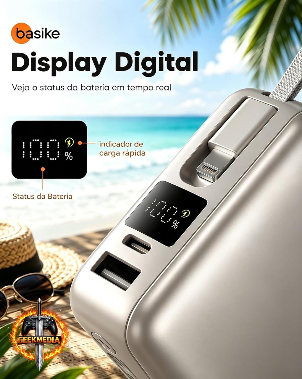 Power Bank Basike 20.000mAh 22,5W com Cabos Integrados